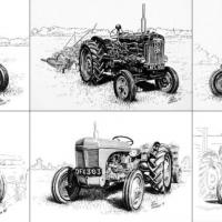 Vintage Tractors (Pen & Ink) - Set of 6 postcards